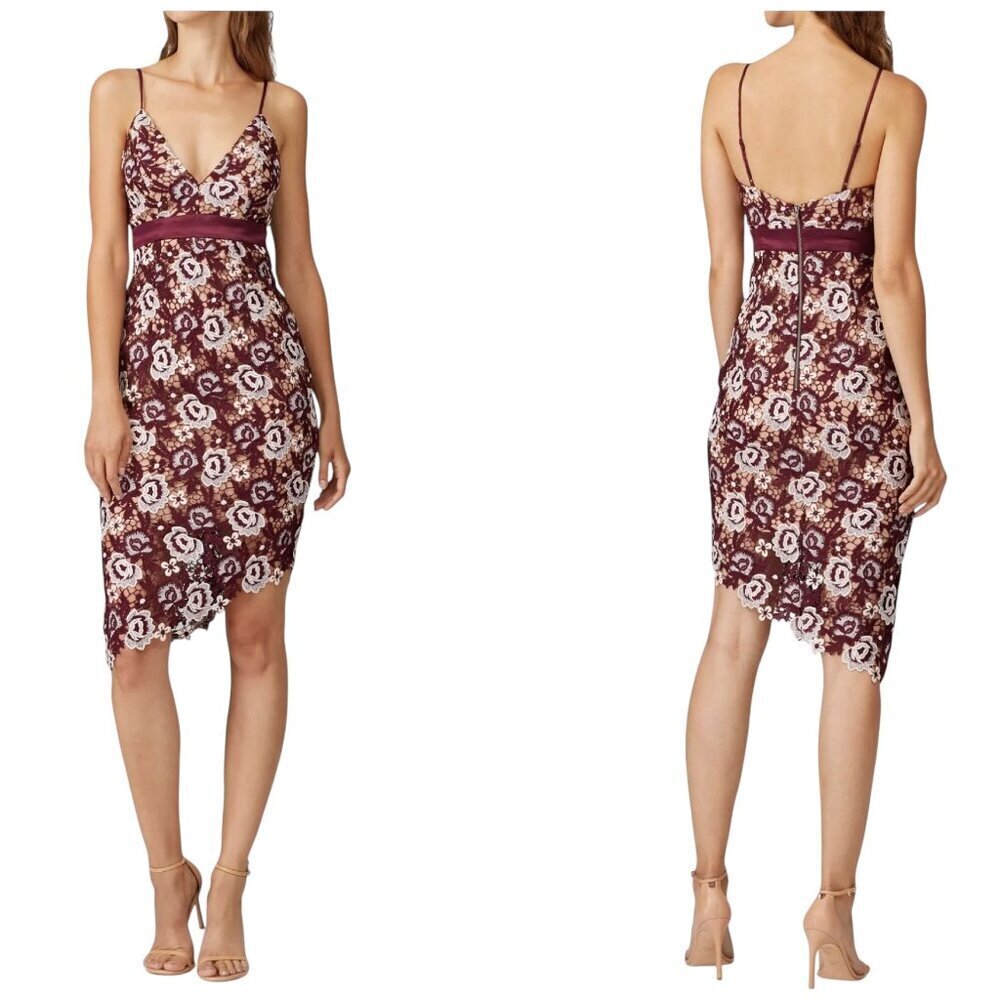 Bardot Burgundy Lace Sheath Dress Size Small Floral Cocktail Y2K